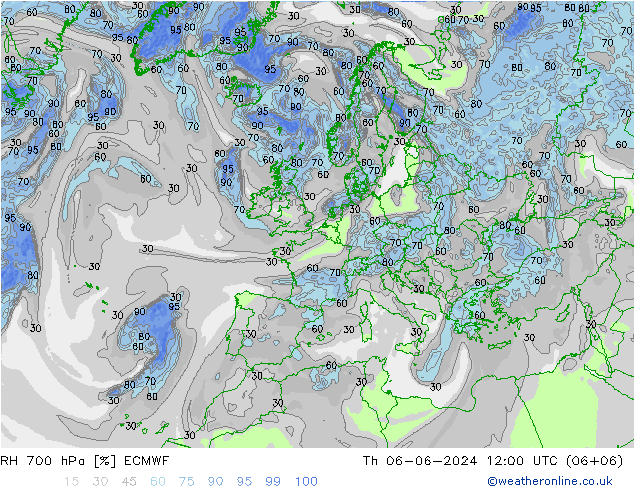 RH 700 hPa ECMWF Th 06.06.2024 12 UTC