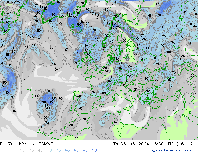 RH 700 гПа ECMWF чт 06.06.2024 18 UTC