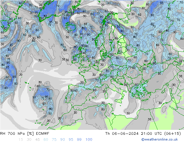 RH 700 hPa ECMWF Čt 06.06.2024 21 UTC