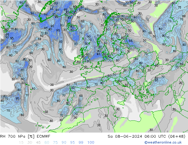 RH 700 hPa ECMWF so. 08.06.2024 06 UTC