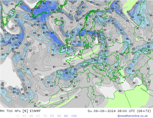 RH 700 hPa ECMWF Su 09.06.2024 06 UTC