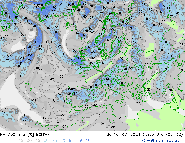 RH 700 hPa ECMWF Mo 10.06.2024 00 UTC