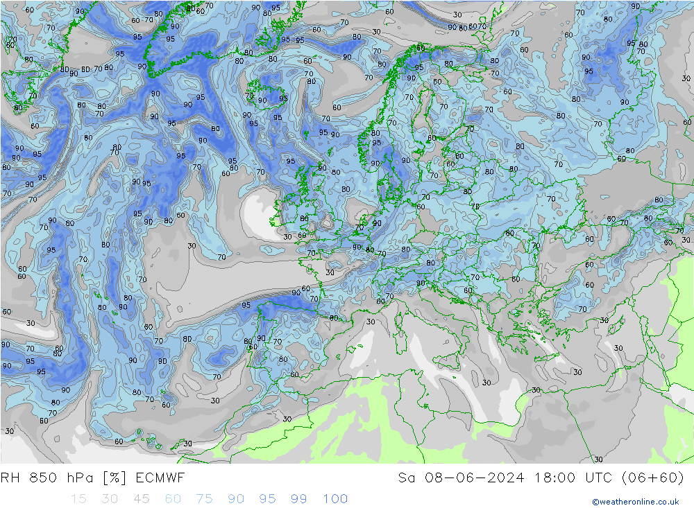 Humidité rel. 850 hPa ECMWF sam 08.06.2024 18 UTC