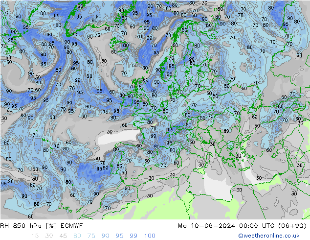 RH 850 гПа ECMWF пн 10.06.2024 00 UTC