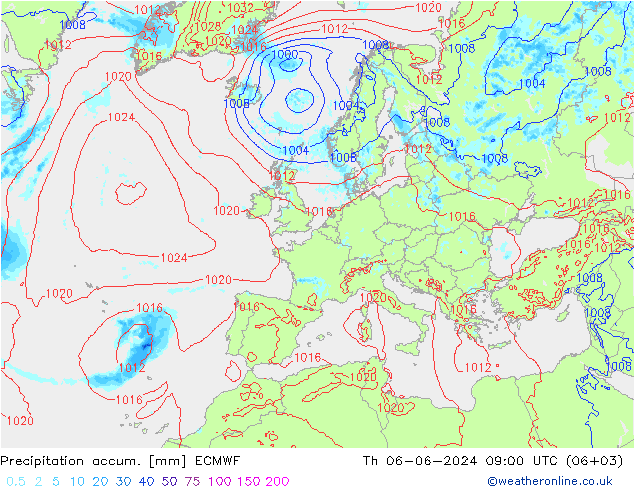 Precipitation accum. ECMWF чт 06.06.2024 09 UTC