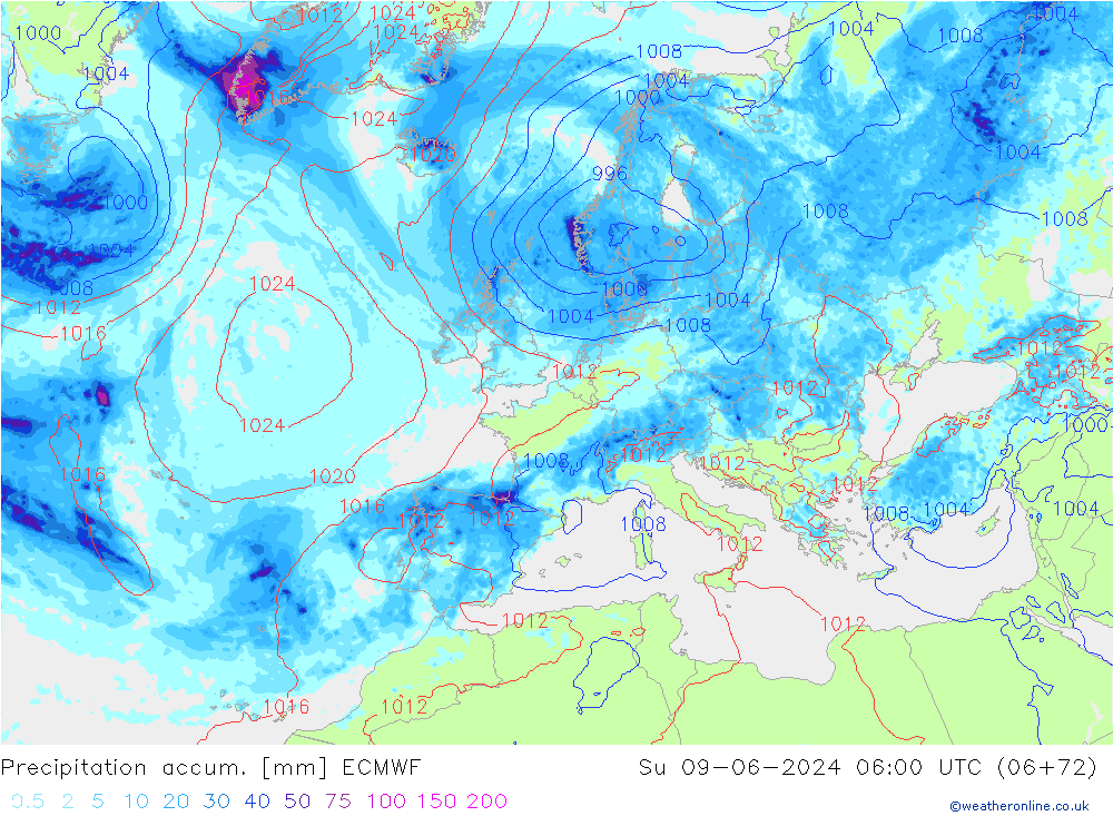 Precipitation accum. ECMWF Su 09.06.2024 06 UTC