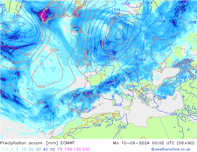 Precipitación acum. ECMWF lun 10.06.2024 00 UTC