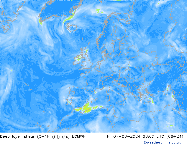 Deep layer shear (0-1km) ECMWF Fr 07.06.2024 06 UTC