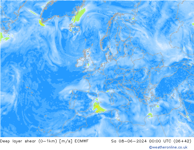 Deep layer shear (0-1km) ECMWF Sa 08.06.2024 00 UTC