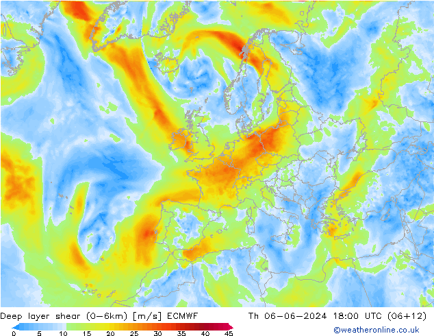 Deep layer shear (0-6km) ECMWF Do 06.06.2024 18 UTC