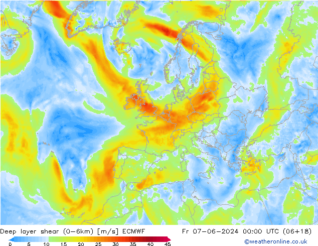 Deep layer shear (0-6km) ECMWF pt. 07.06.2024 00 UTC