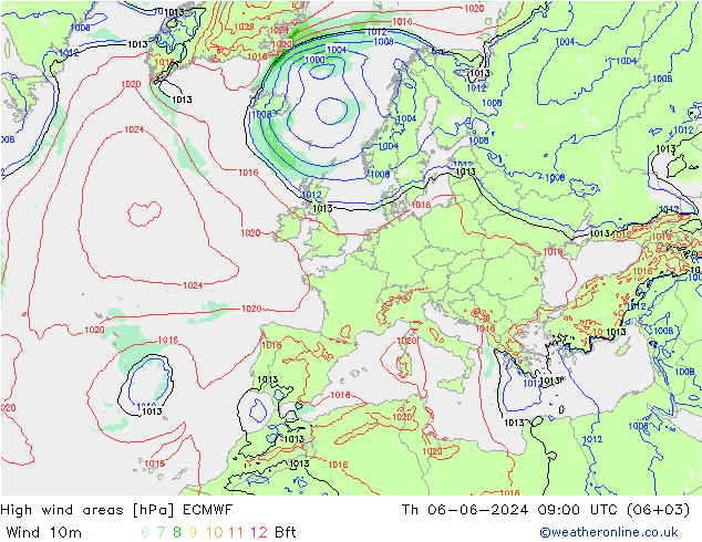 High wind areas ECMWF Čt 06.06.2024 09 UTC