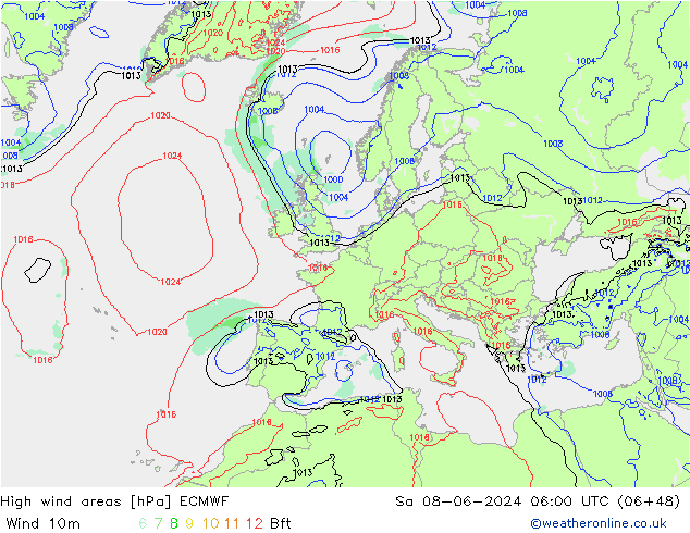 High wind areas ECMWF sam 08.06.2024 06 UTC