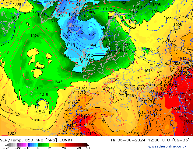 SLP/Temp. 850 hPa ECMWF Th 06.06.2024 12 UTC