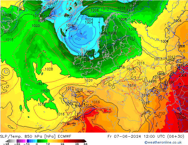 SLP/Temp. 850 hPa ECMWF Fr 07.06.2024 12 UTC