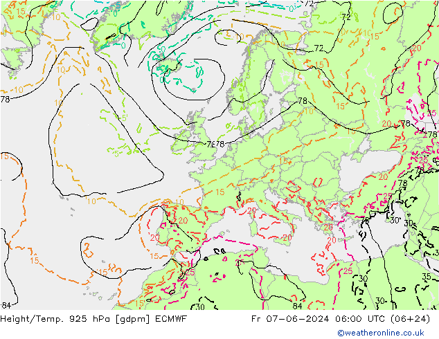 Geop./Temp. 925 hPa ECMWF vie 07.06.2024 06 UTC