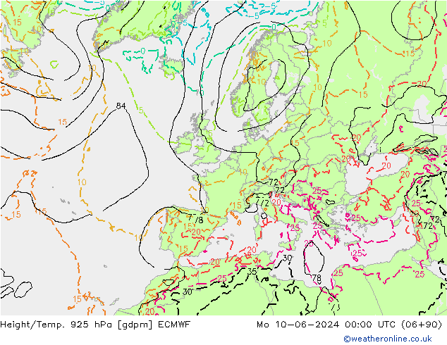 Geop./Temp. 925 hPa ECMWF lun 10.06.2024 00 UTC