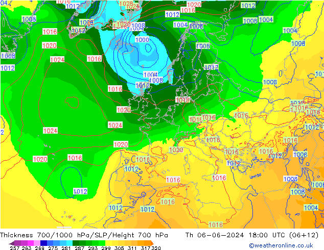 Espesor 700-1000 hPa ECMWF jue 06.06.2024 18 UTC