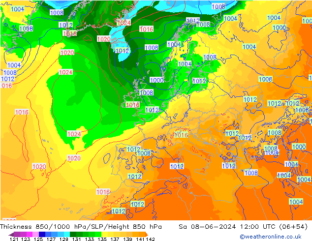 Schichtdicke 850-1000 hPa ECMWF Sa 08.06.2024 12 UTC