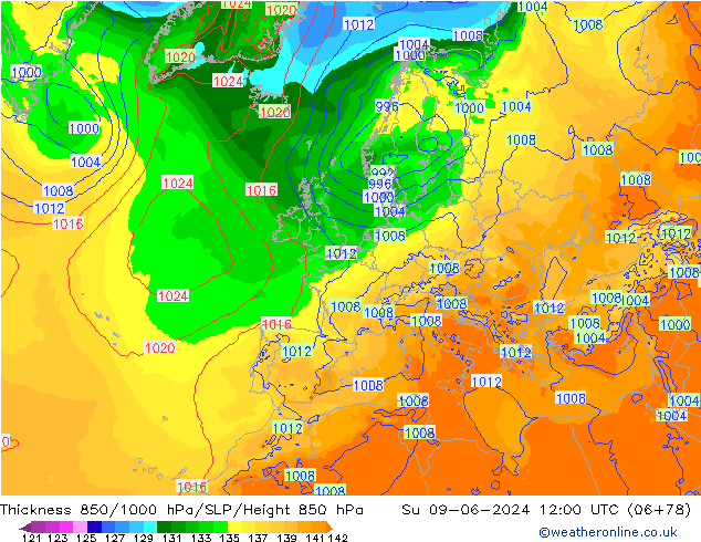 Schichtdicke 850-1000 hPa ECMWF So 09.06.2024 12 UTC