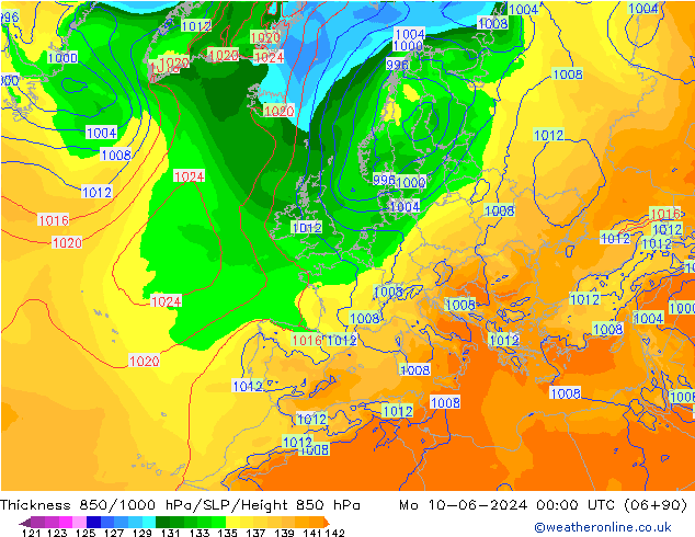 Espesor 850-1000 hPa ECMWF lun 10.06.2024 00 UTC