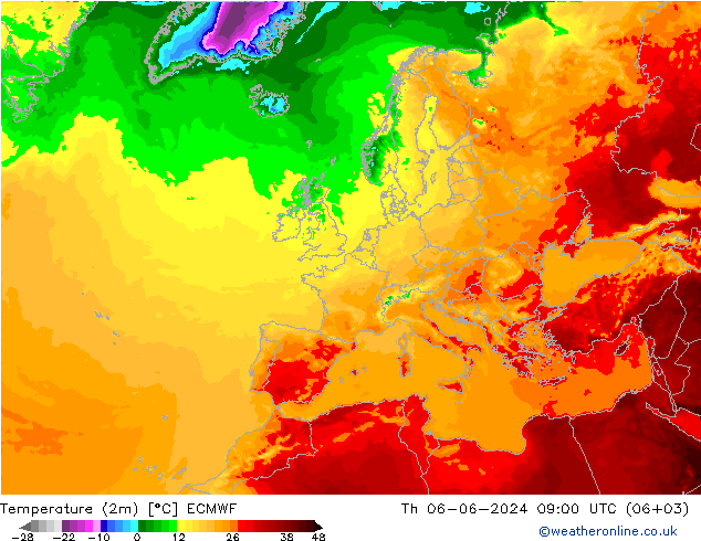 mapa temperatury (2m) ECMWF czw. 06.06.2024 09 UTC