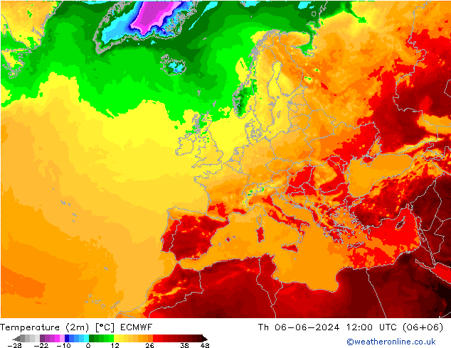 Temperatuurkaart (2m) ECMWF do 06.06.2024 12 UTC