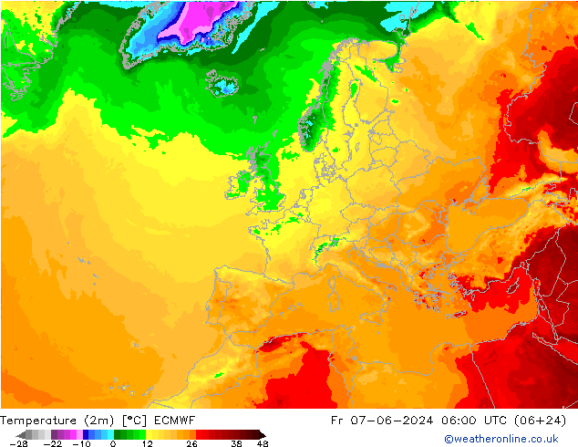 Temperaturkarte (2m) ECMWF Fr 07.06.2024 06 UTC