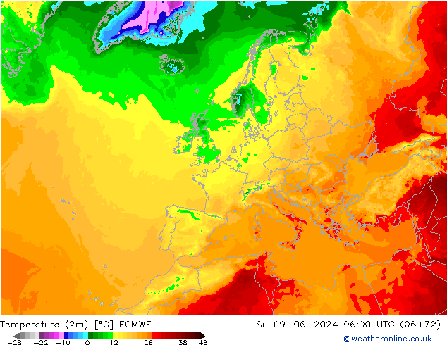 Temperaturkarte (2m) ECMWF So 09.06.2024 06 UTC