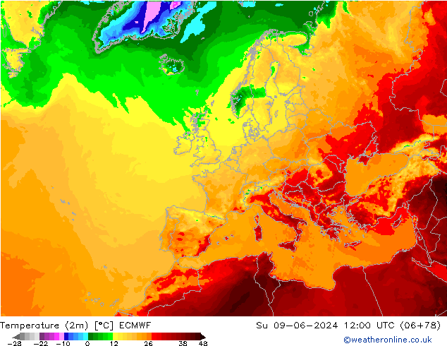 Temperature (2m) ECMWF Su 09.06.2024 12 UTC