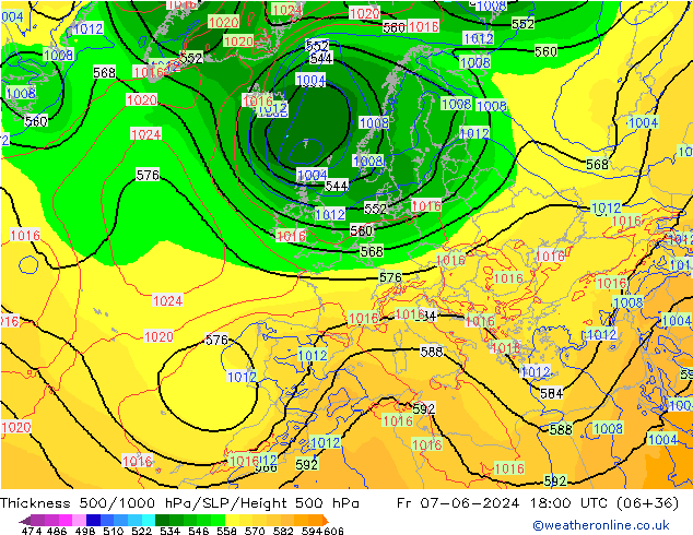 Espesor 500-1000 hPa ECMWF vie 07.06.2024 18 UTC