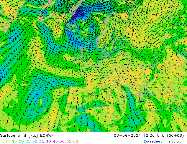 Surface wind ECMWF Čt 06.06.2024 12 UTC