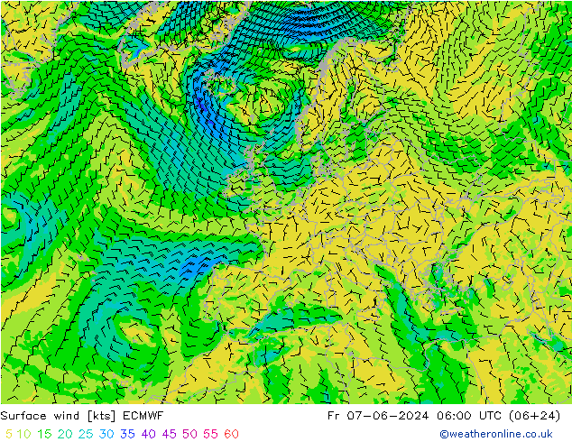 Surface wind ECMWF Pá 07.06.2024 06 UTC