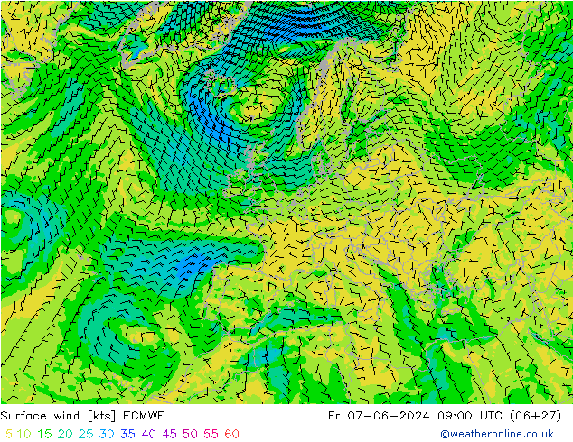 Viento 10 m ECMWF vie 07.06.2024 09 UTC