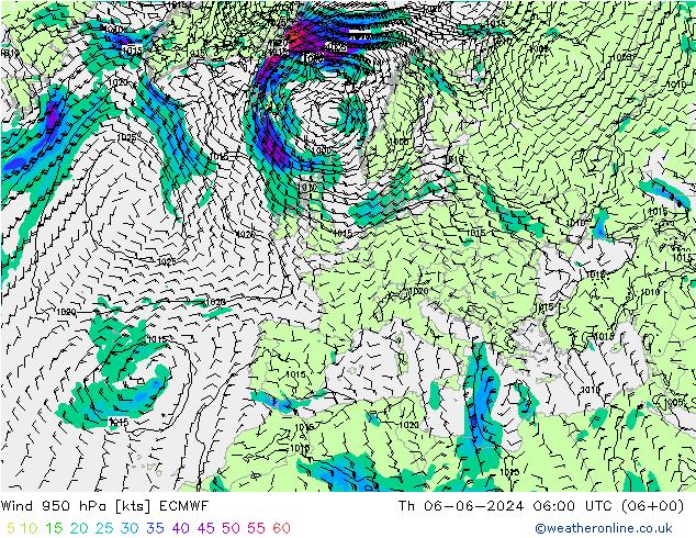 Wind 950 hPa ECMWF Th 06.06.2024 06 UTC