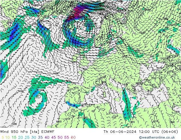 Rüzgar 950 hPa ECMWF Per 06.06.2024 12 UTC