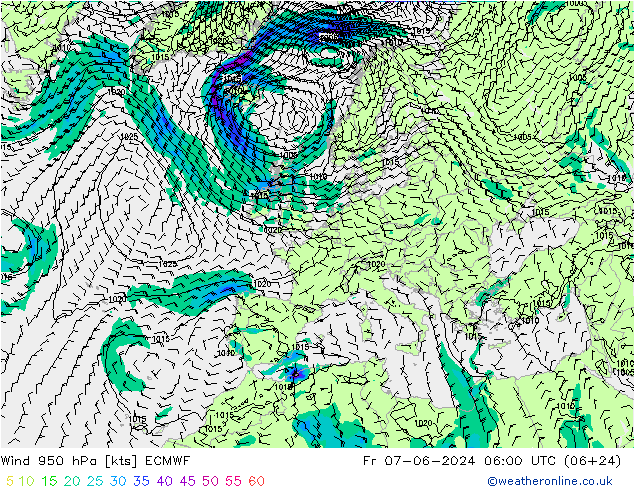 Wind 950 hPa ECMWF Fr 07.06.2024 06 UTC