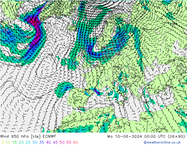 Viento 950 hPa ECMWF lun 10.06.2024 00 UTC