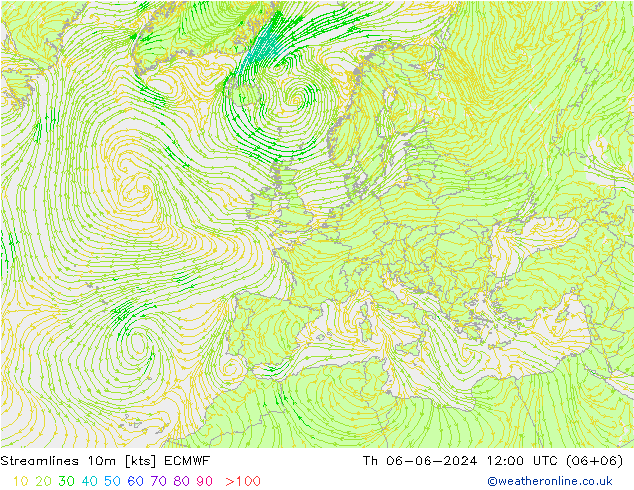 Línea de corriente 10m ECMWF jue 06.06.2024 12 UTC