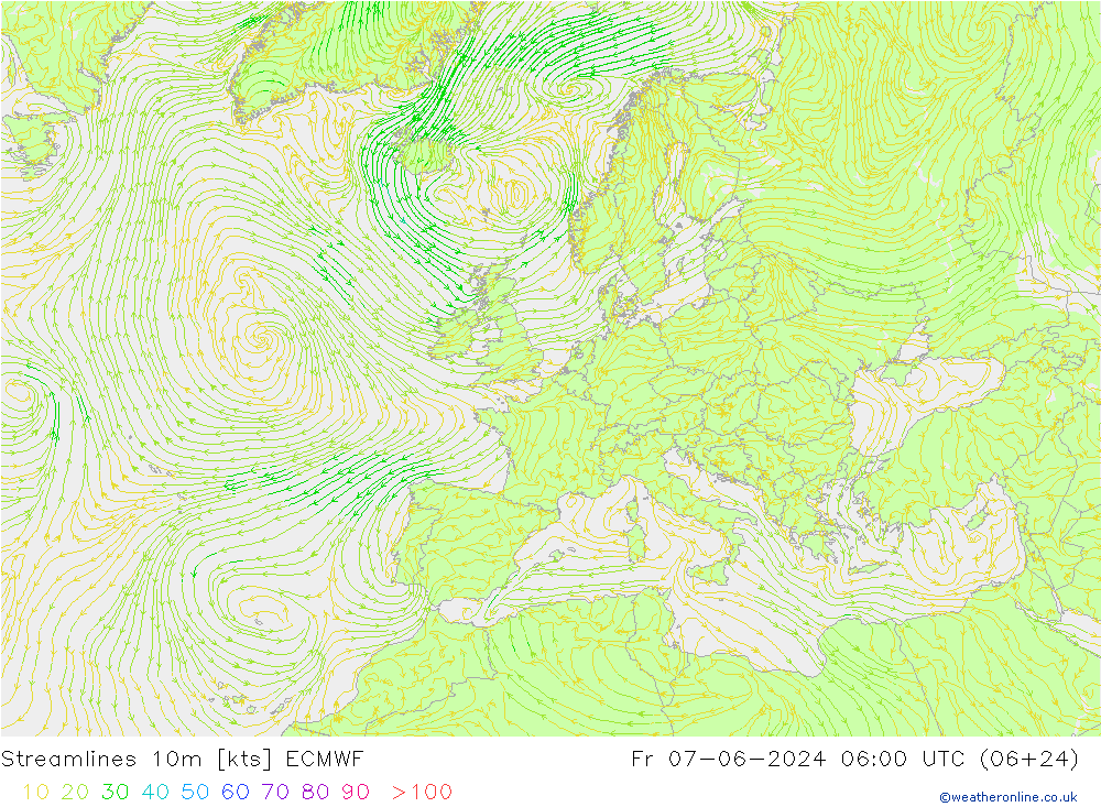 Stroomlijn 10m ECMWF vr 07.06.2024 06 UTC