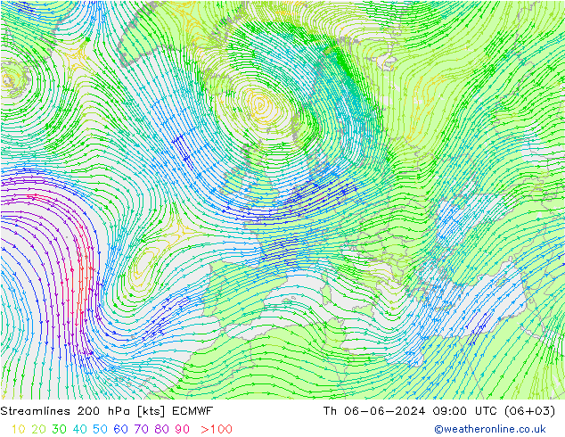 Stromlinien 200 hPa ECMWF Do 06.06.2024 09 UTC