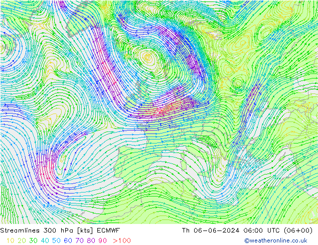 Streamlines 300 hPa ECMWF Th 06.06.2024 06 UTC