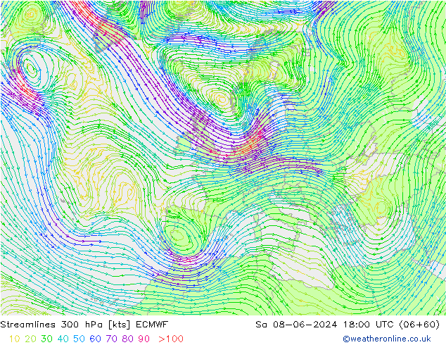 Stroomlijn 300 hPa ECMWF za 08.06.2024 18 UTC