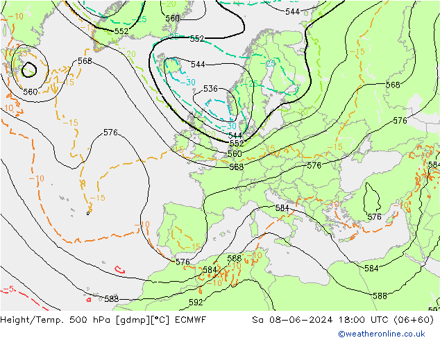 Z500/Rain (+SLP)/Z850 ECMWF Sa 08.06.2024 18 UTC