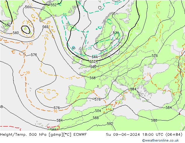 Z500/Rain (+SLP)/Z850 ECMWF Su 09.06.2024 18 UTC