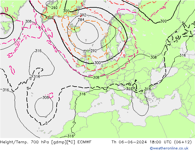 Height/Temp. 700 hPa ECMWF Th 06.06.2024 18 UTC