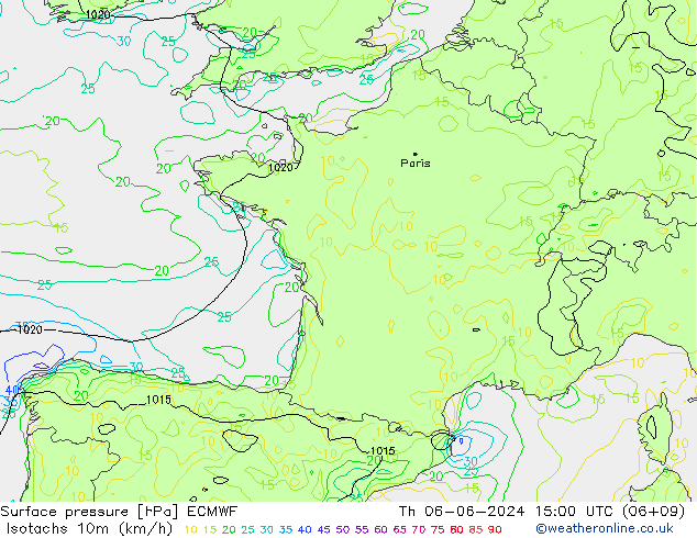 Isotaca (kph) ECMWF jue 06.06.2024 15 UTC