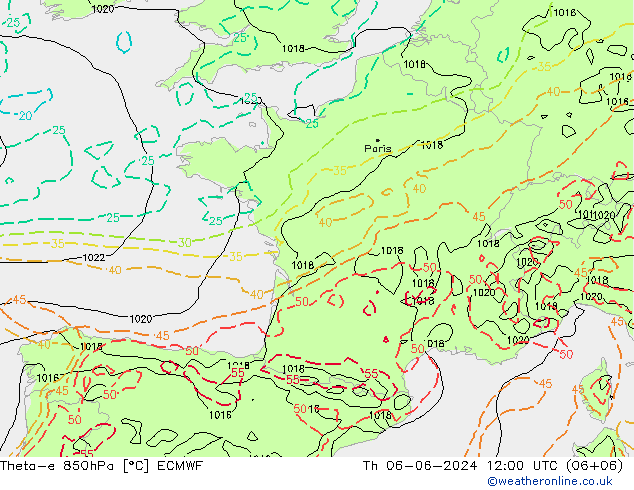 Theta-e 850hPa ECMWF Th 06.06.2024 12 UTC