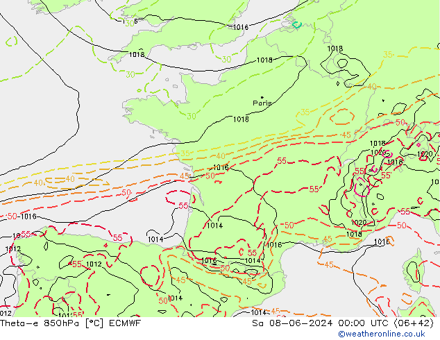 Theta-e 850гПа ECMWF сб 08.06.2024 00 UTC