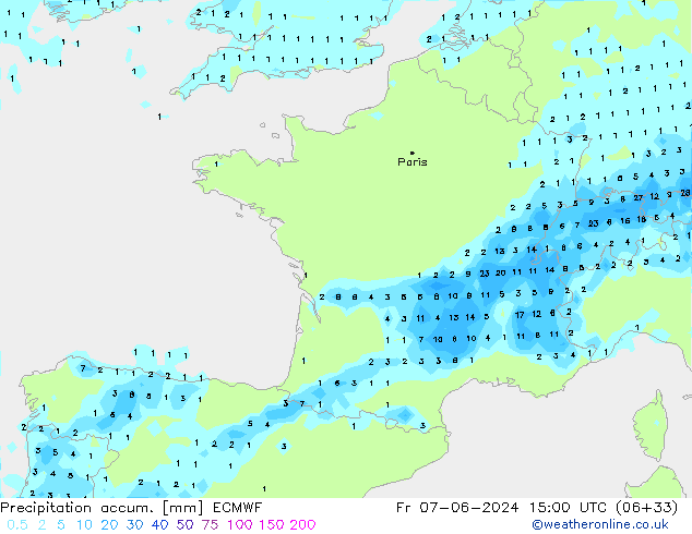 Precipitation accum. ECMWF пт 07.06.2024 15 UTC